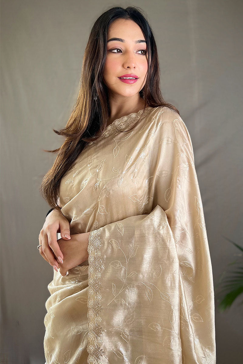 Bone Beige Embroidered SequenceWork Soft Silk Saree