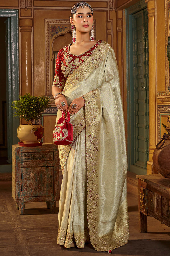 Bone Beige Hand Work Viscose Saree with Stiched Blouse