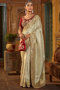 Bone Beige Hand Work Viscose Saree with Stiched Blouse