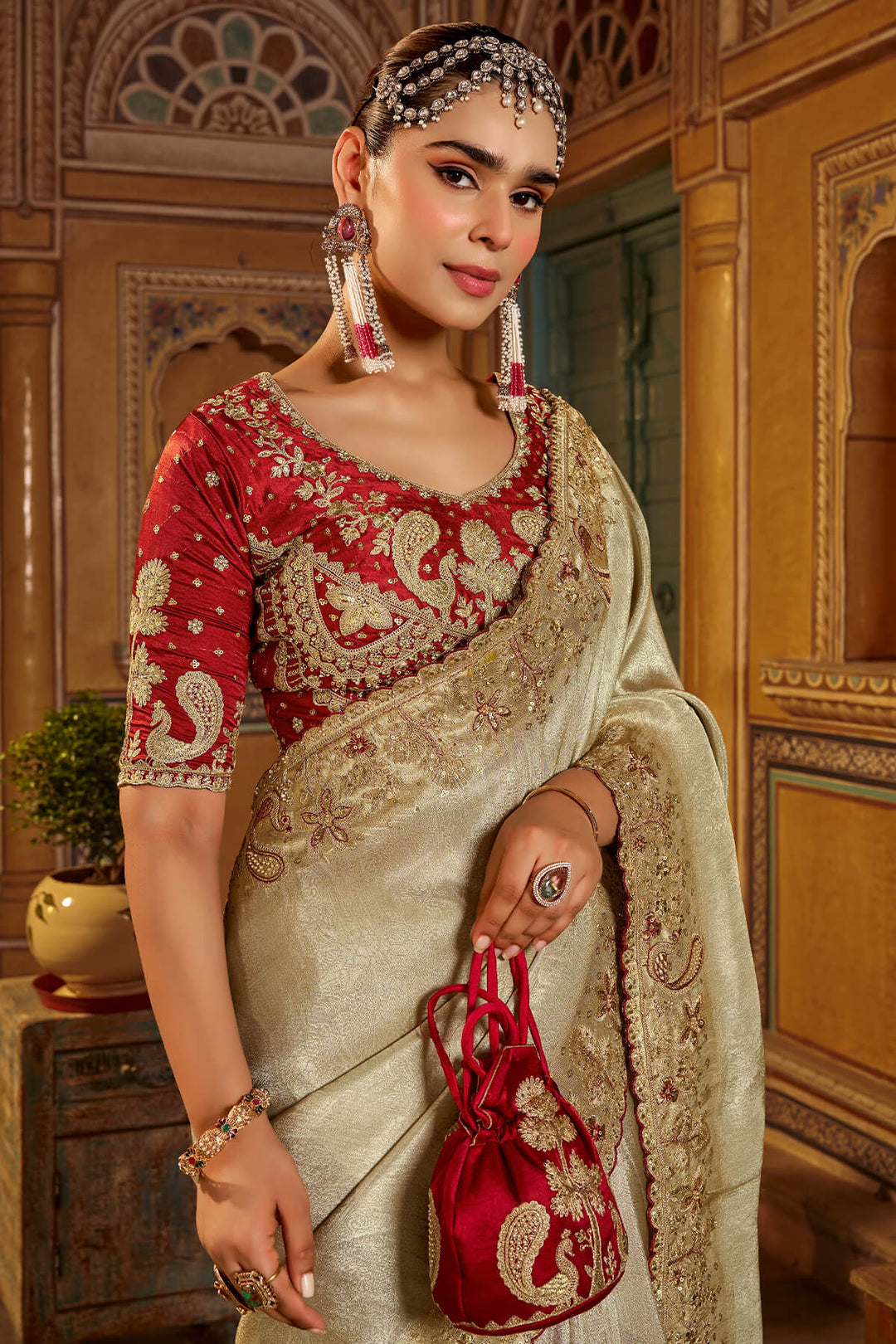 Bone Beige Hand Work Viscose Saree with Stiched Blouse