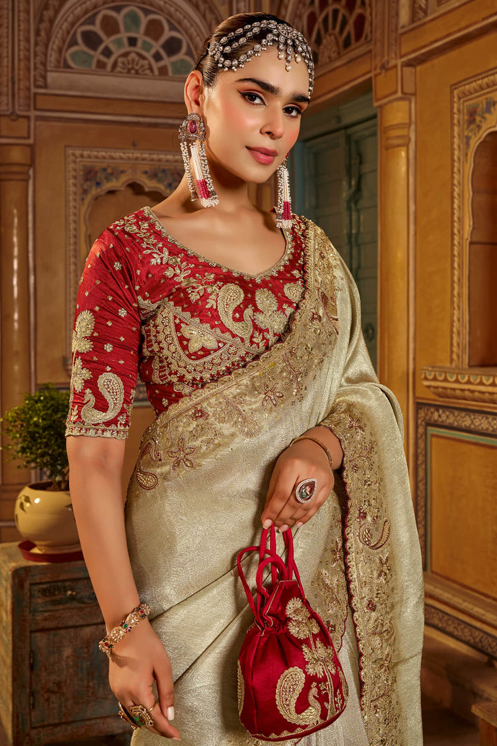 Bone Beige Hand Work Viscose Saree with Stiched Blouse