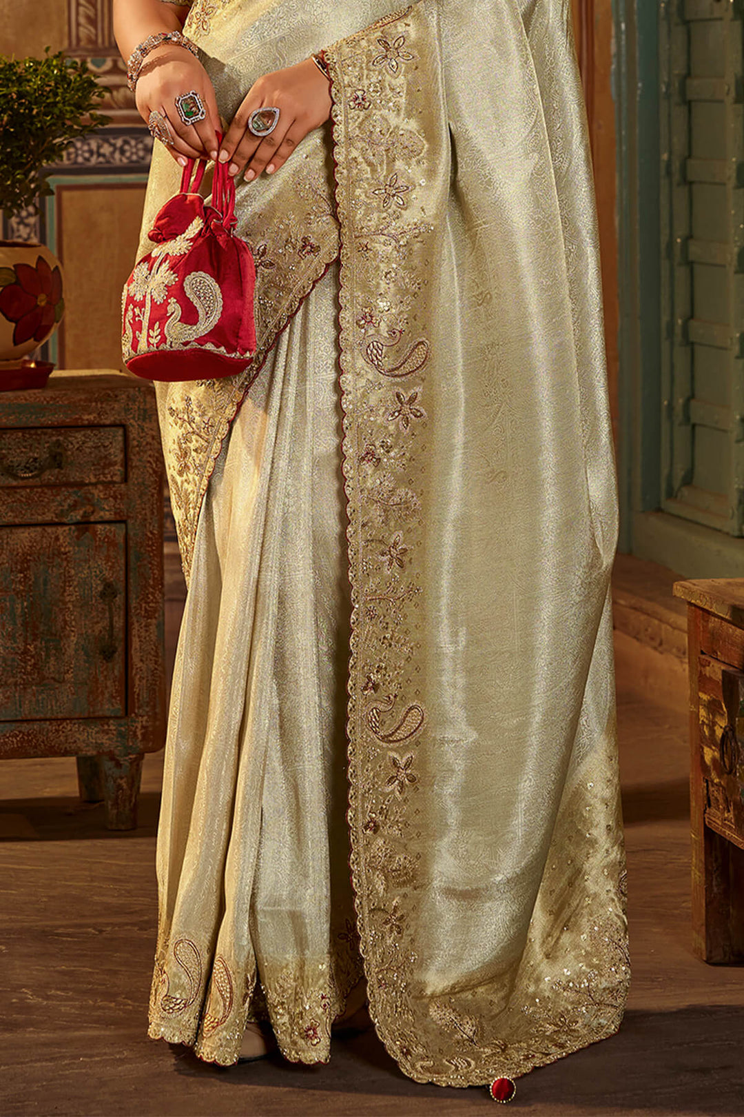 Bone Beige Hand Work Viscose Saree with Stiched Blouse