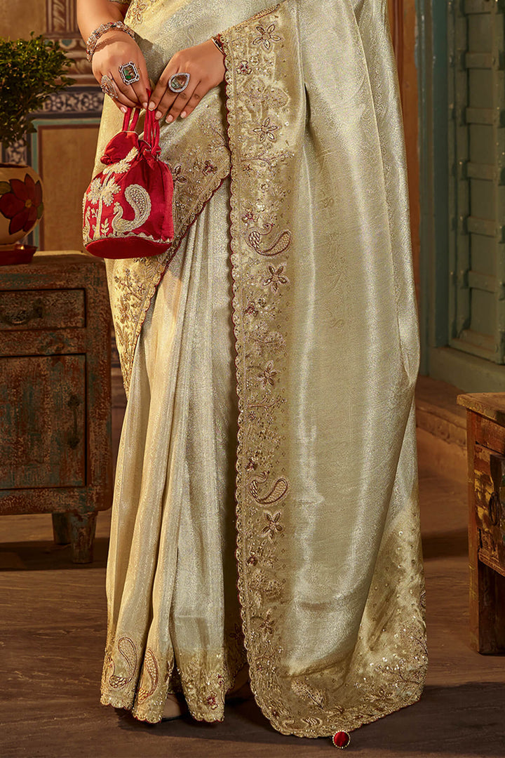 Bone Beige Hand Work Viscose Saree with Stiched Blouse