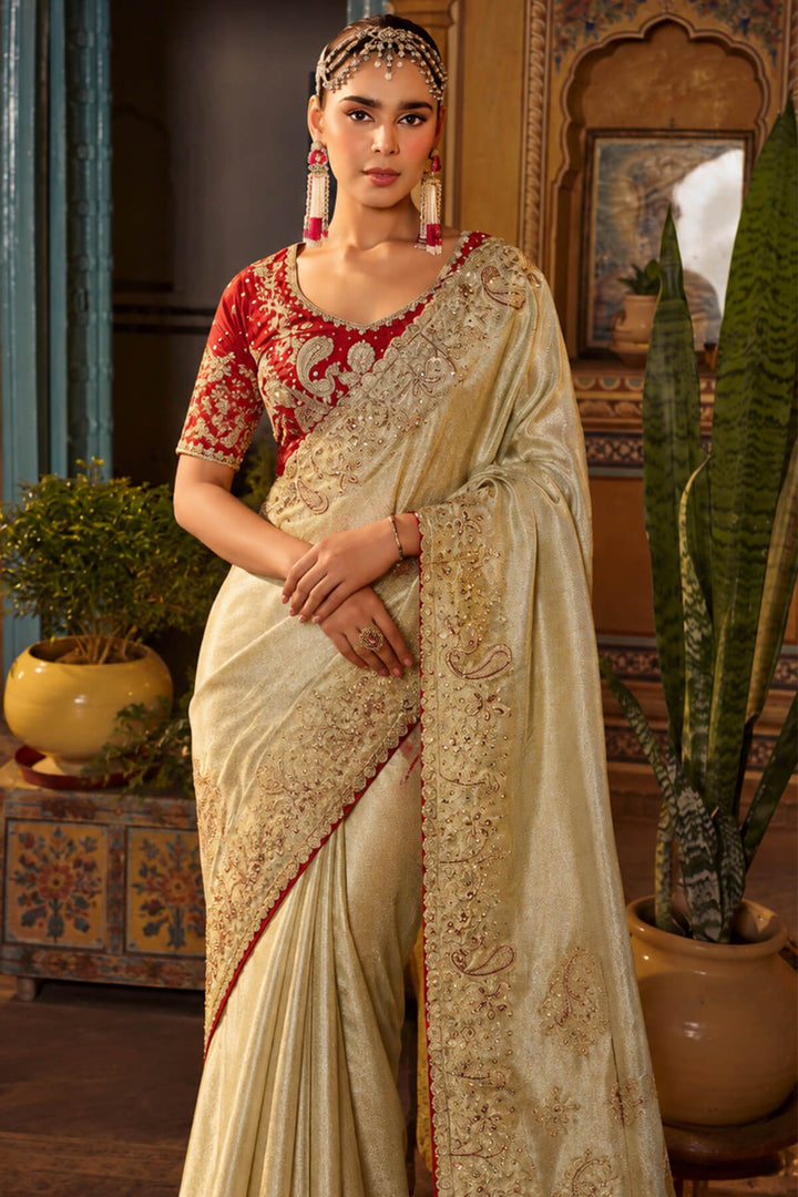 Bone Beige Hand Work Viscose Saree with Stiched Blouse