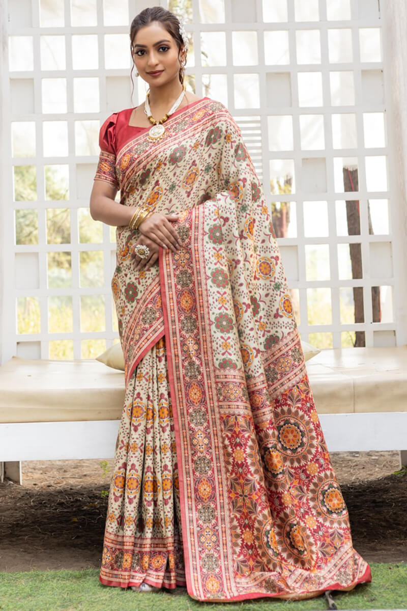 Bone Beige Handloom Patola Silk Saree