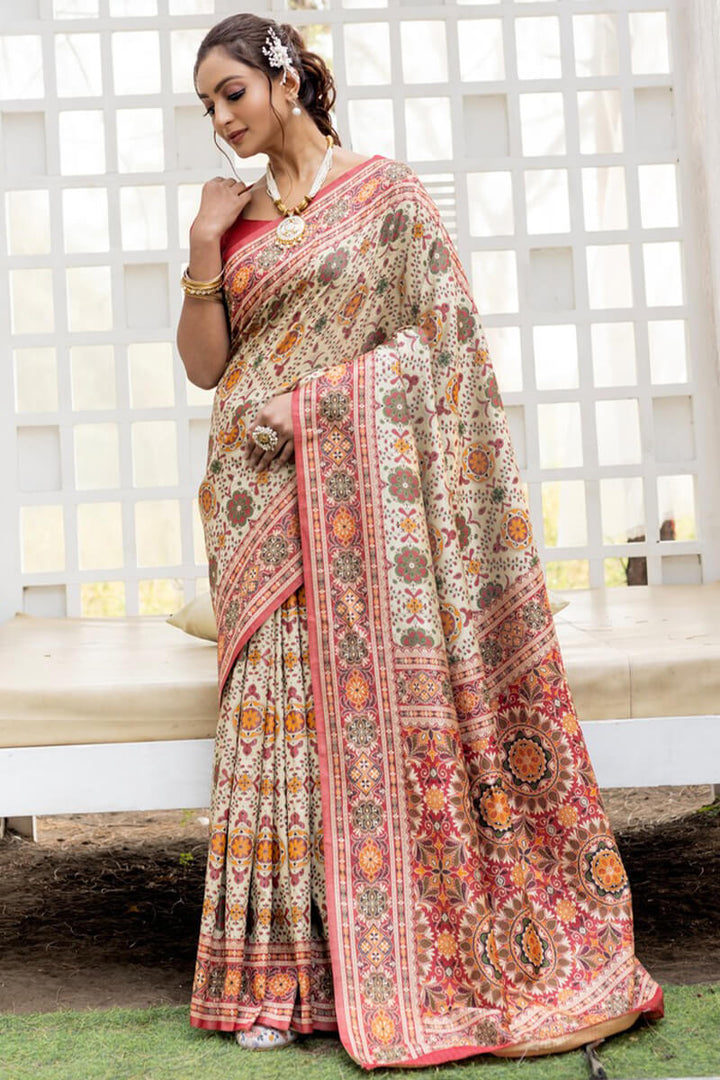 Bone Beige Handloom Patola Silk Saree