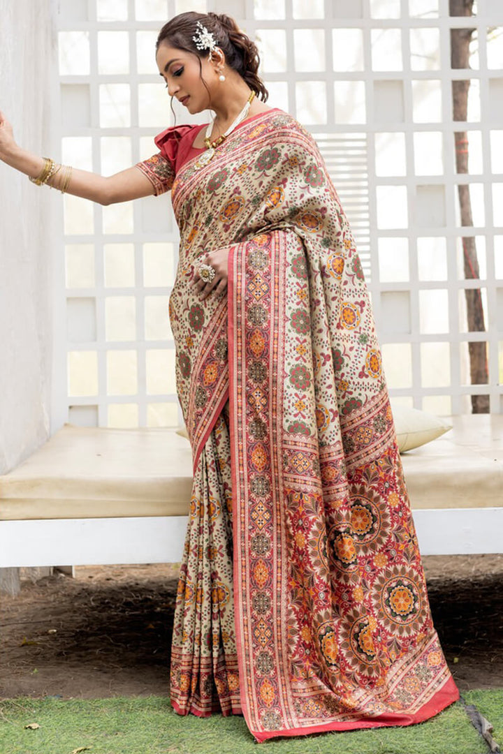 Bone Beige Handloom Patola Silk Saree