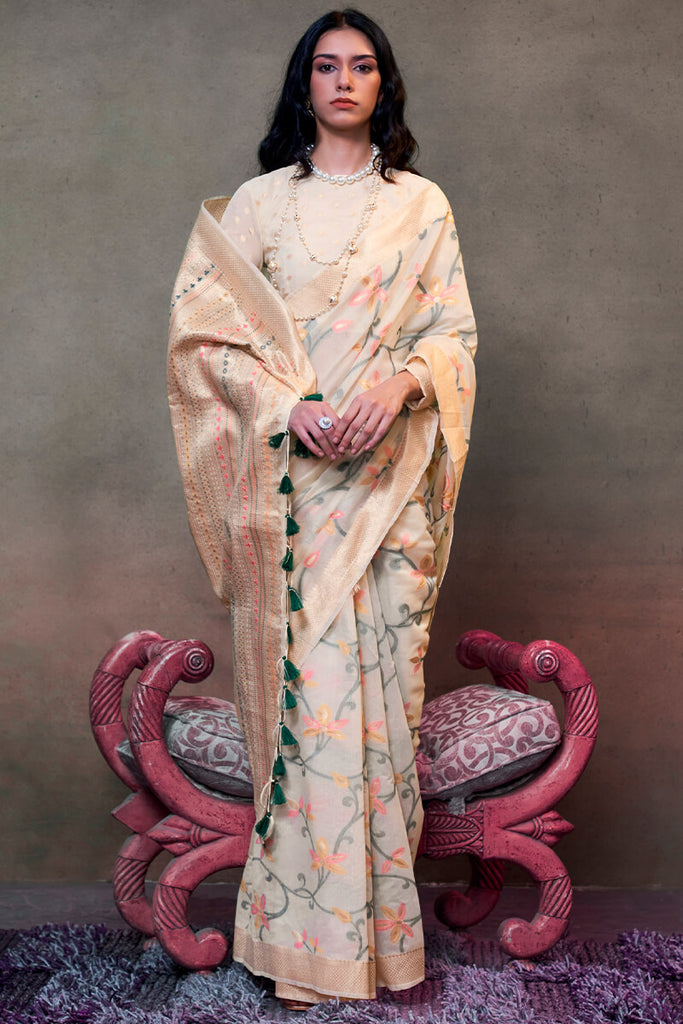 Bone Beige Jamdani Handwoven Cotton Saree