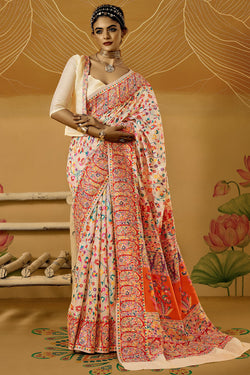 Bone Beige Kashmiri Modal Pashmina Silk Saree