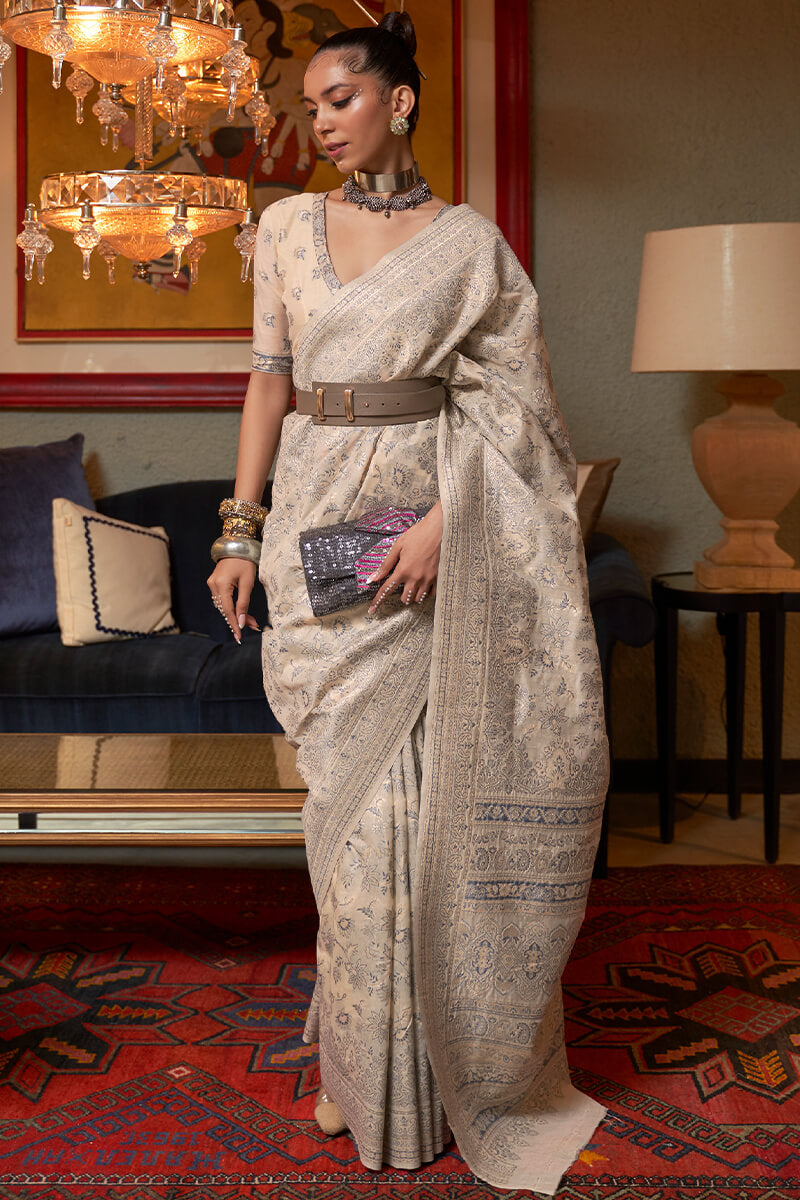 Bone Beige Kashmiri Modal Silk Saree