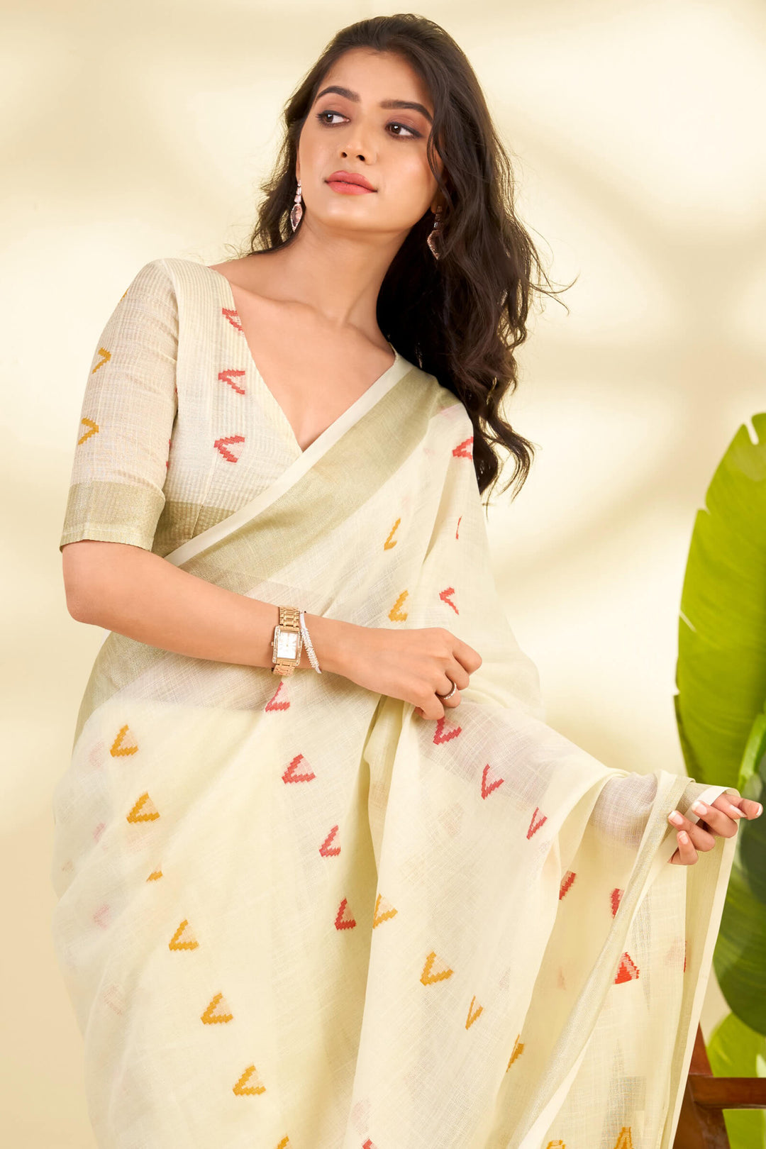 Bone Beige Linen Silk Saree