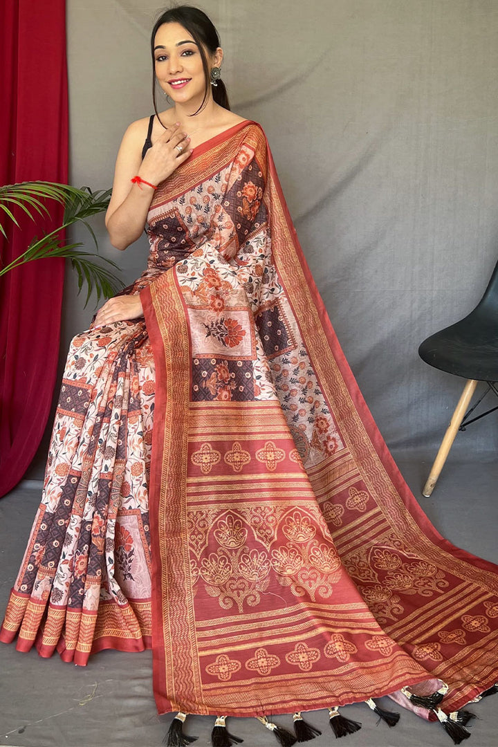 Bone Beige Printed Cotton Silk Saree