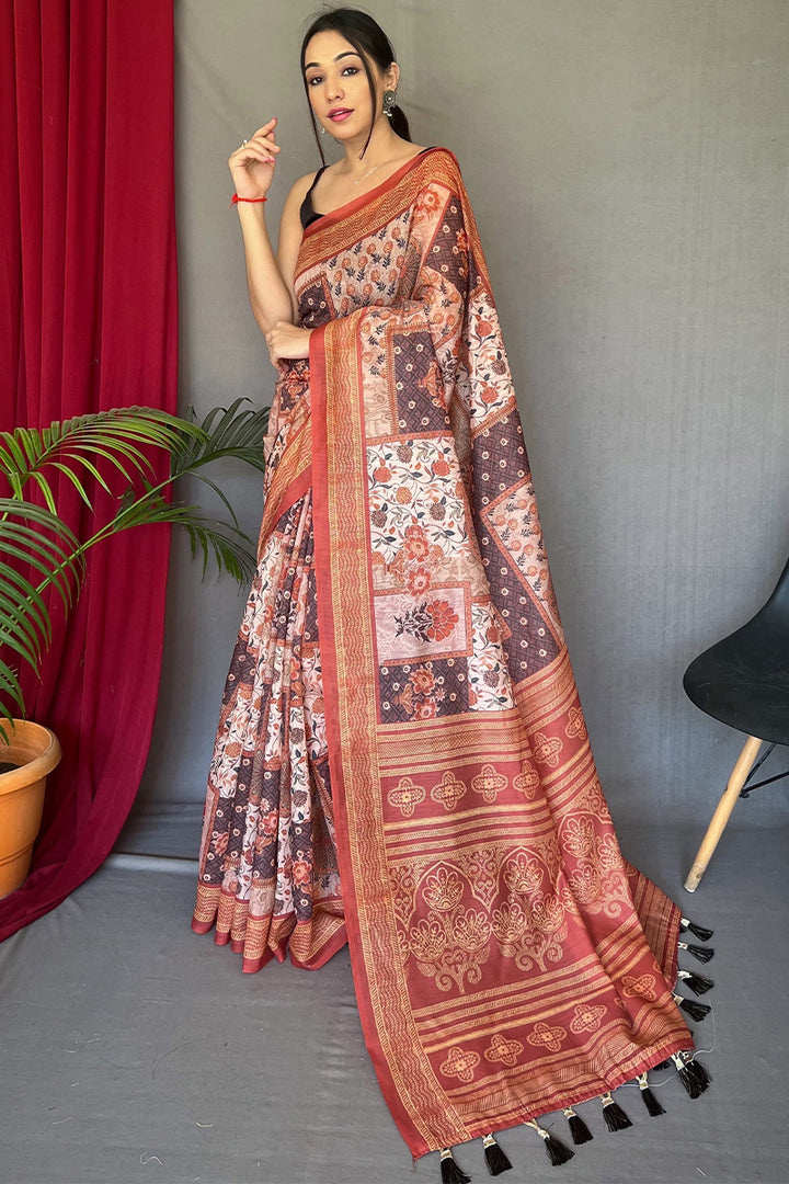 Bone Beige Printed Cotton Silk Saree