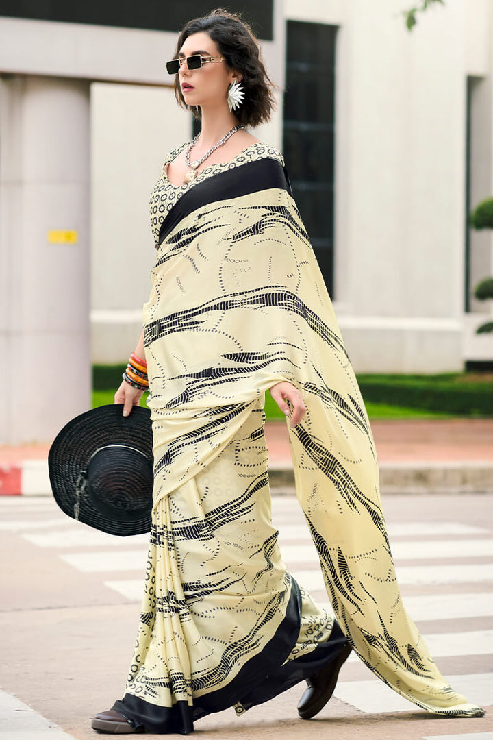 Bone Beige Printed Satin Crape Silk Saree