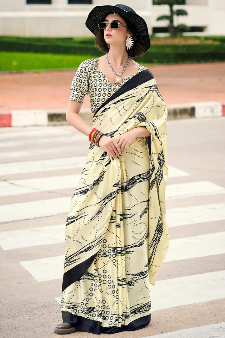 Bone Beige Printed Satin Crape Silk Saree