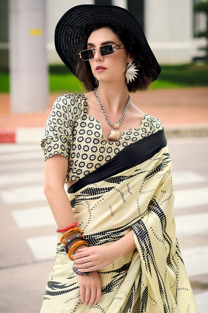 Bone Beige Printed Satin Crape Silk Saree