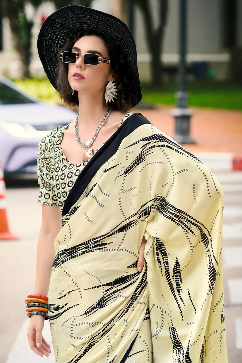 Bone Beige Printed Satin Crape Silk Saree