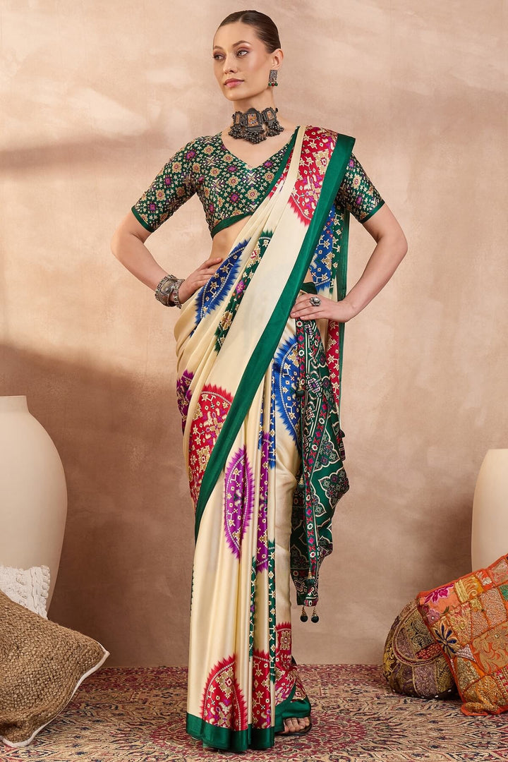 Bone Beige Printed Satin Silk Saree