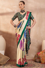 Bone Beige Printed Satin Silk Saree
