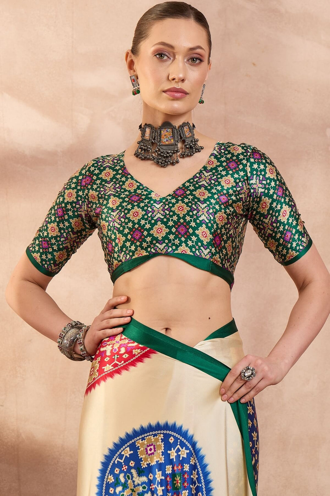Bone Beige Printed Satin Silk Saree