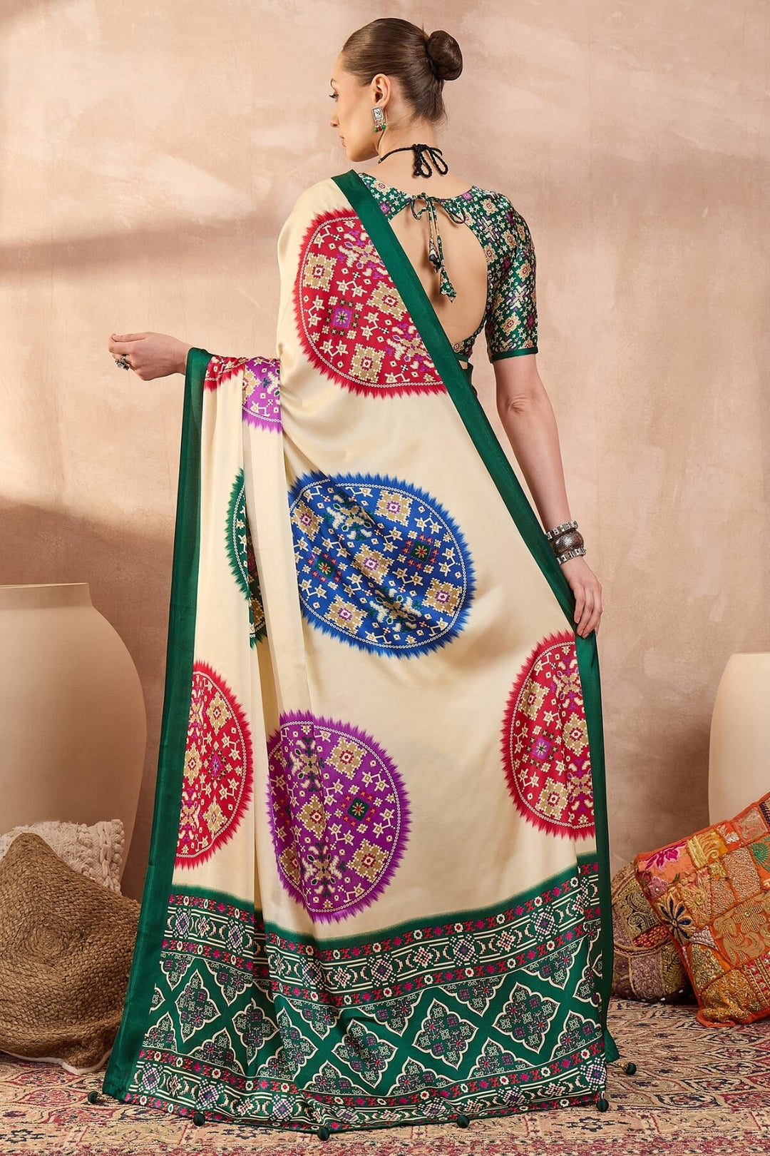 Bone Beige Printed Satin Silk Saree