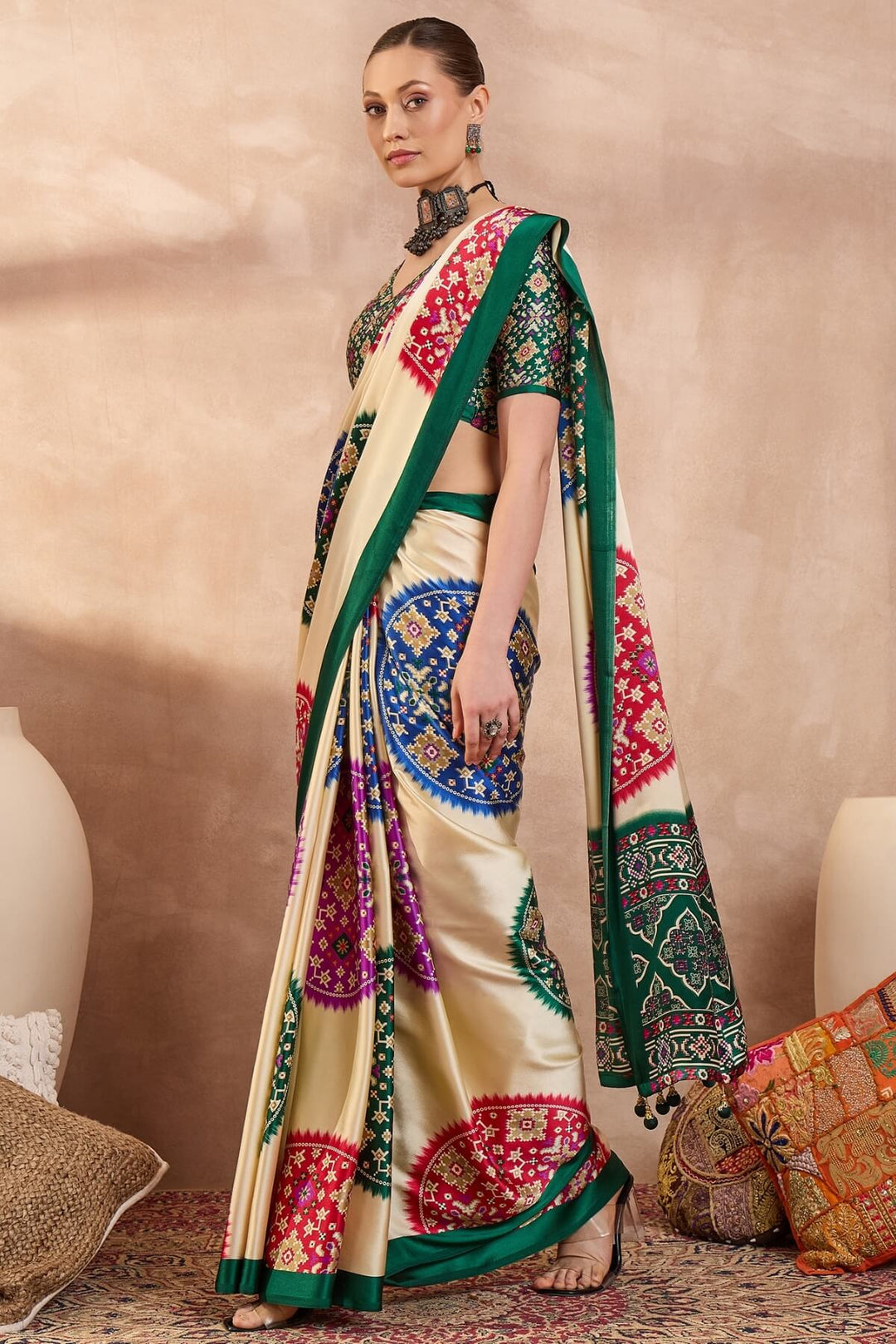 Bone Beige Printed Satin Silk Saree