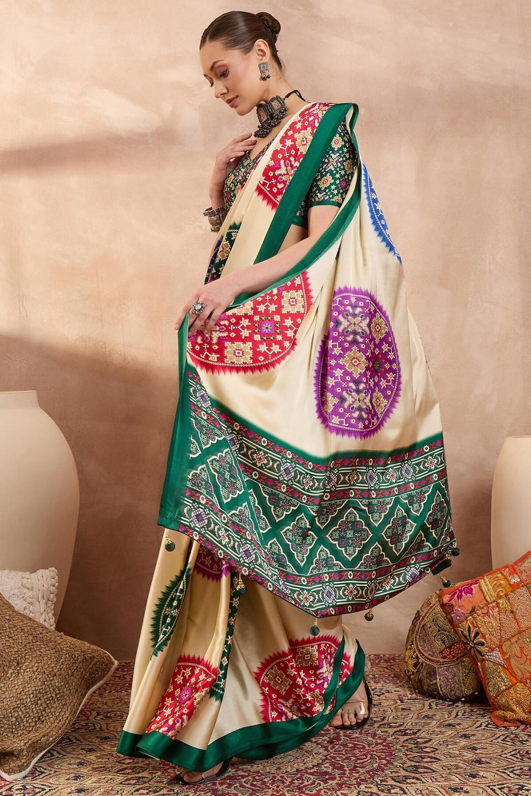 Bone Beige Printed Satin Silk Saree