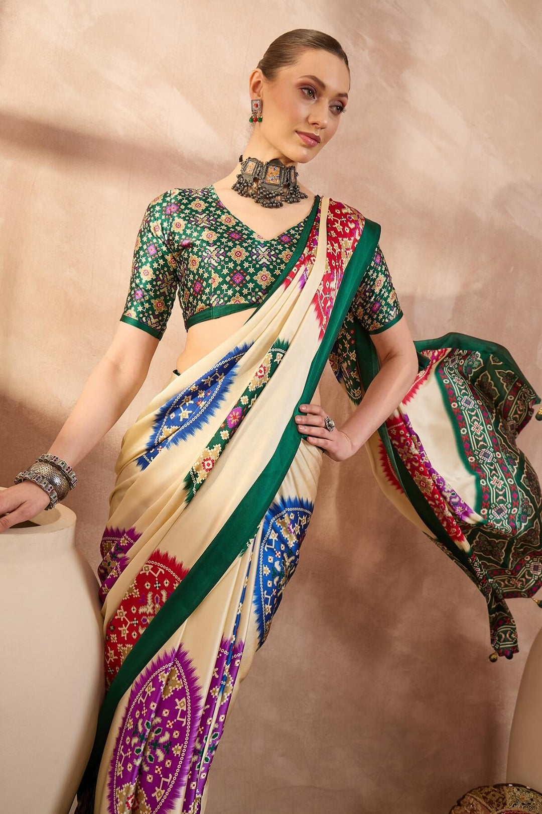 Bone Beige Printed Satin Silk Saree