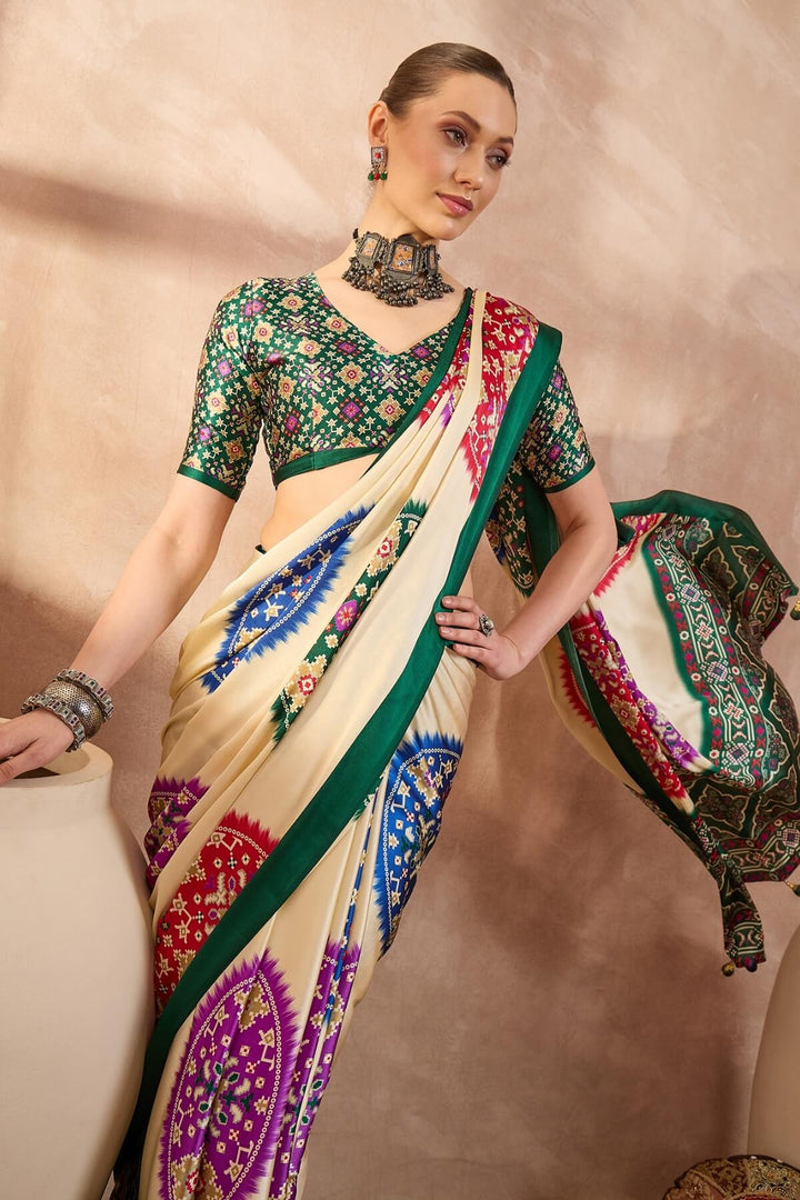 Bone Beige Printed Satin Silk Saree