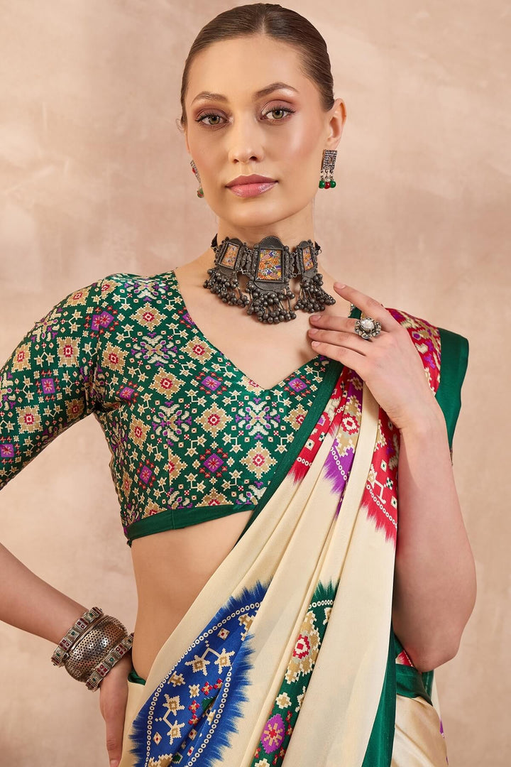 Bone Beige Printed Satin Silk Saree