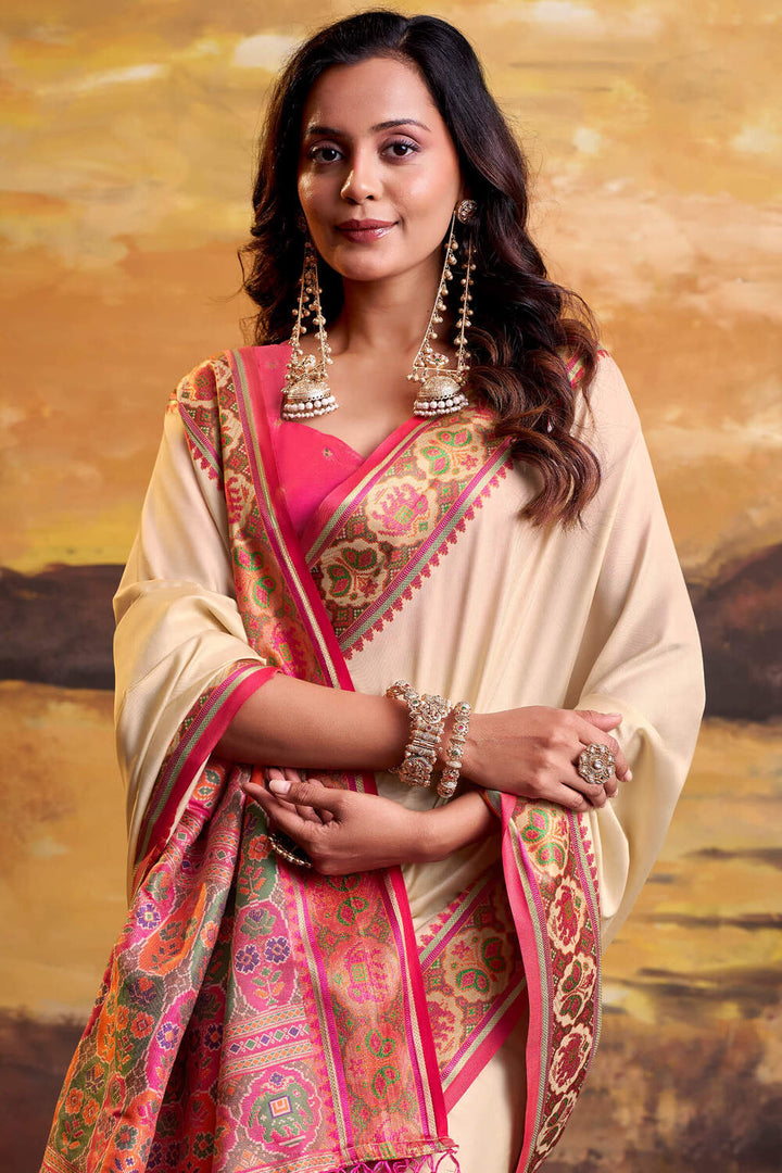 Bone Beige Soft Patola Silk Saree