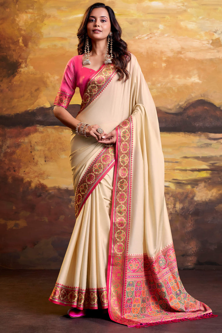 Bone Beige Soft Patola Silk Saree