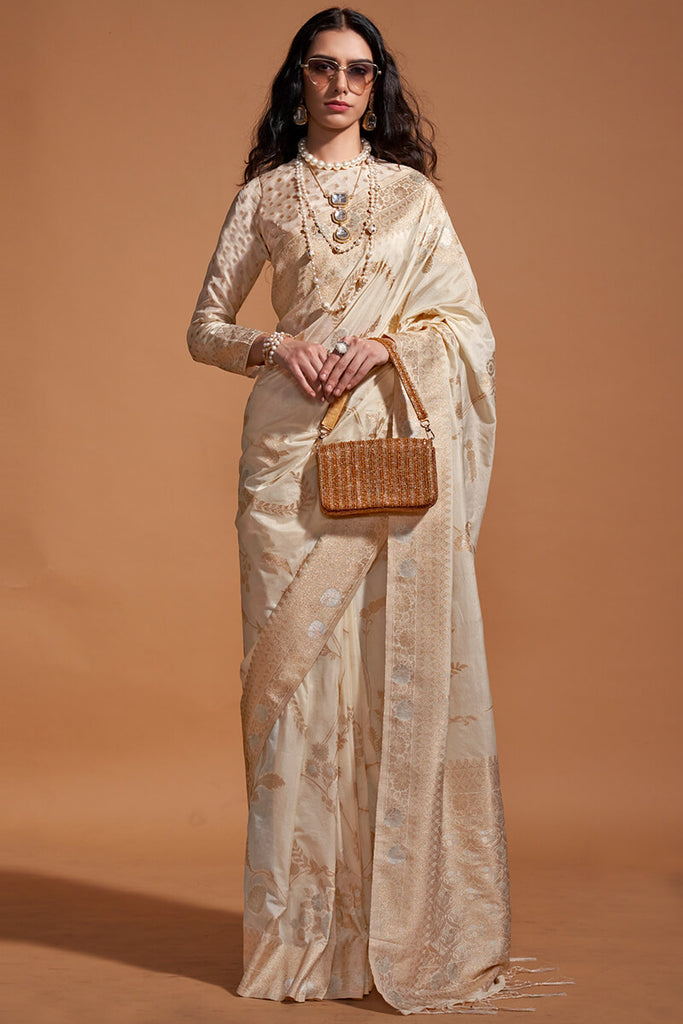 Bone Beige Woven Georgette Banarasi Silk Saree