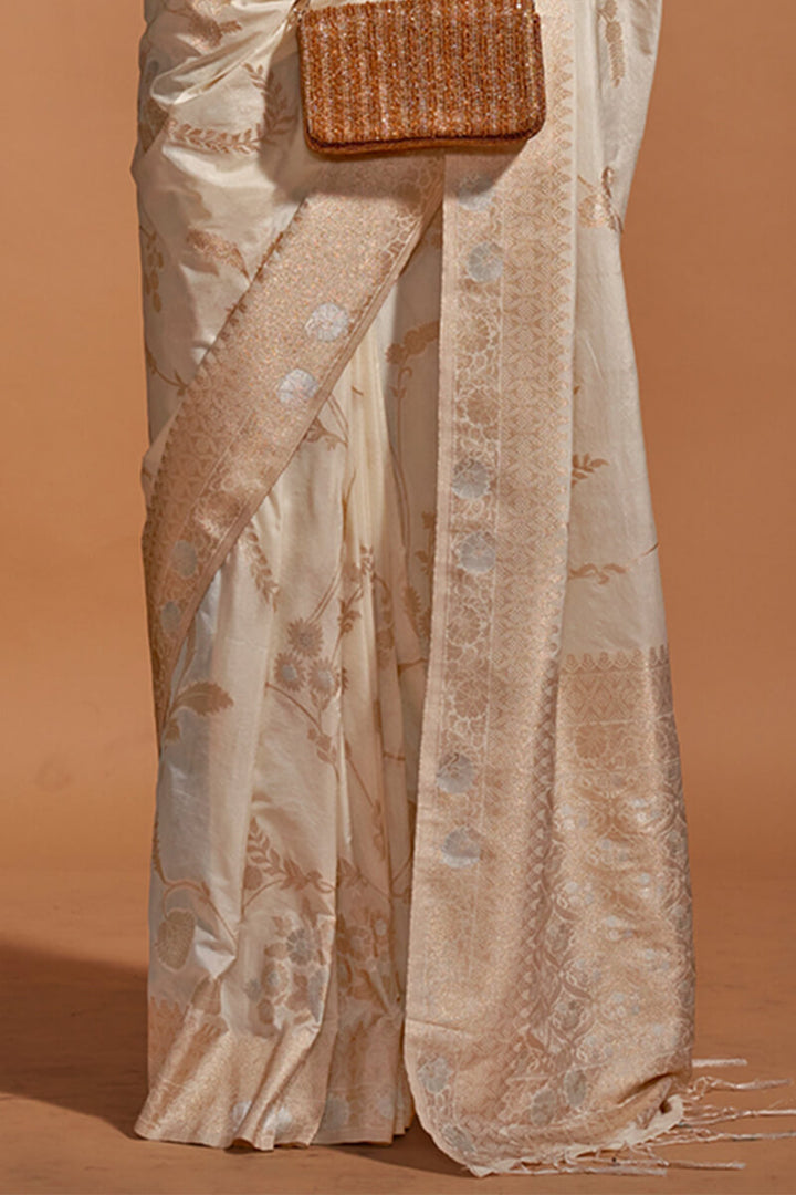 Bone Beige Woven Georgette Banarasi Silk Saree