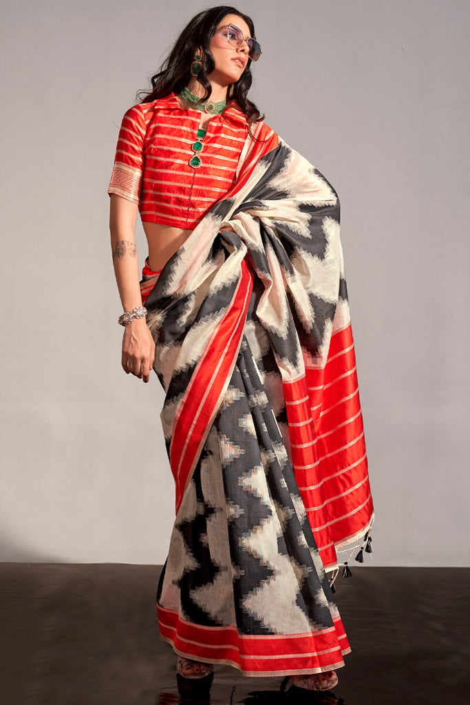 Bone Beige Woven Soft Silk Saree