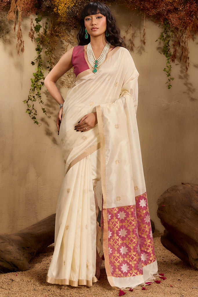 Bone Beige Woven Tussar Silk Saree