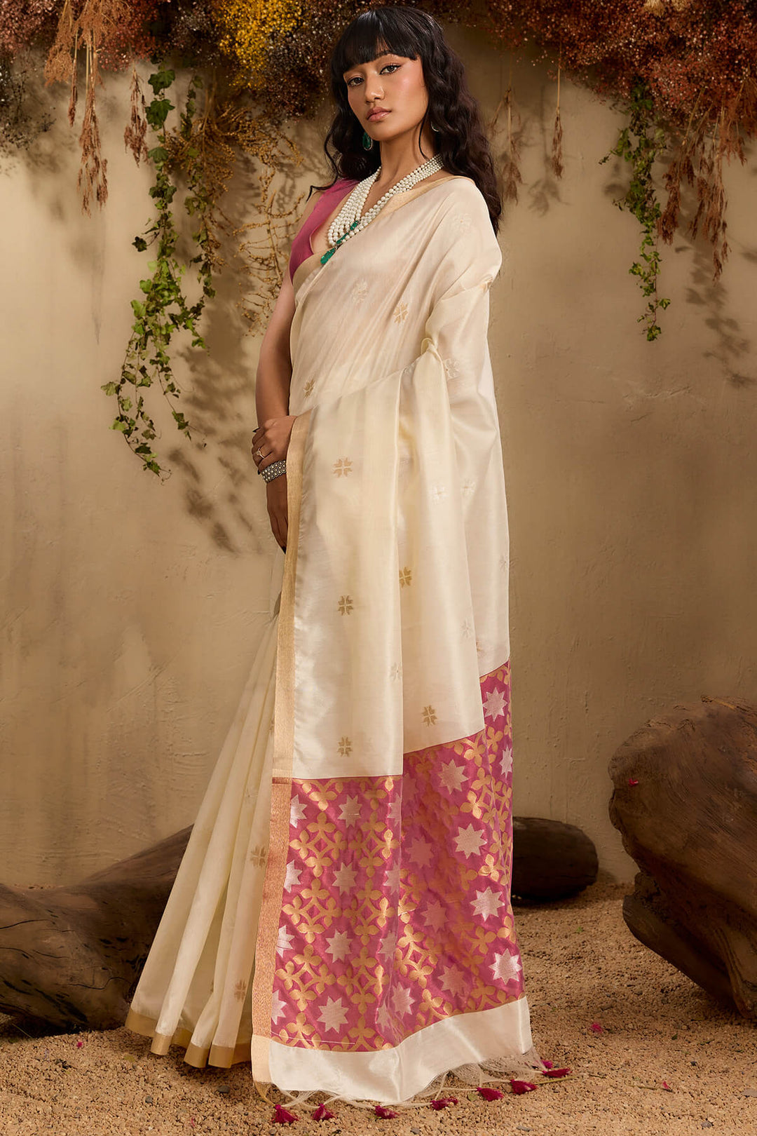 Bone Beige Woven Tussar Silk Saree