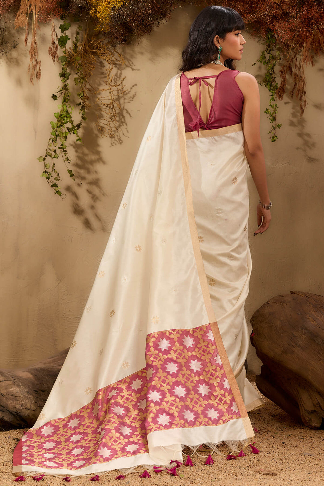 Bone Beige Woven Tussar Silk Saree