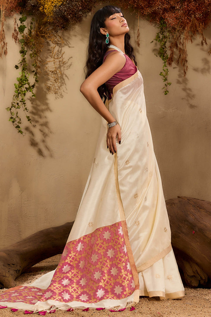 Bone Beige Woven Tussar Silk Saree
