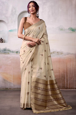 Bone Beige Zari Woven Cotton Silk Saree