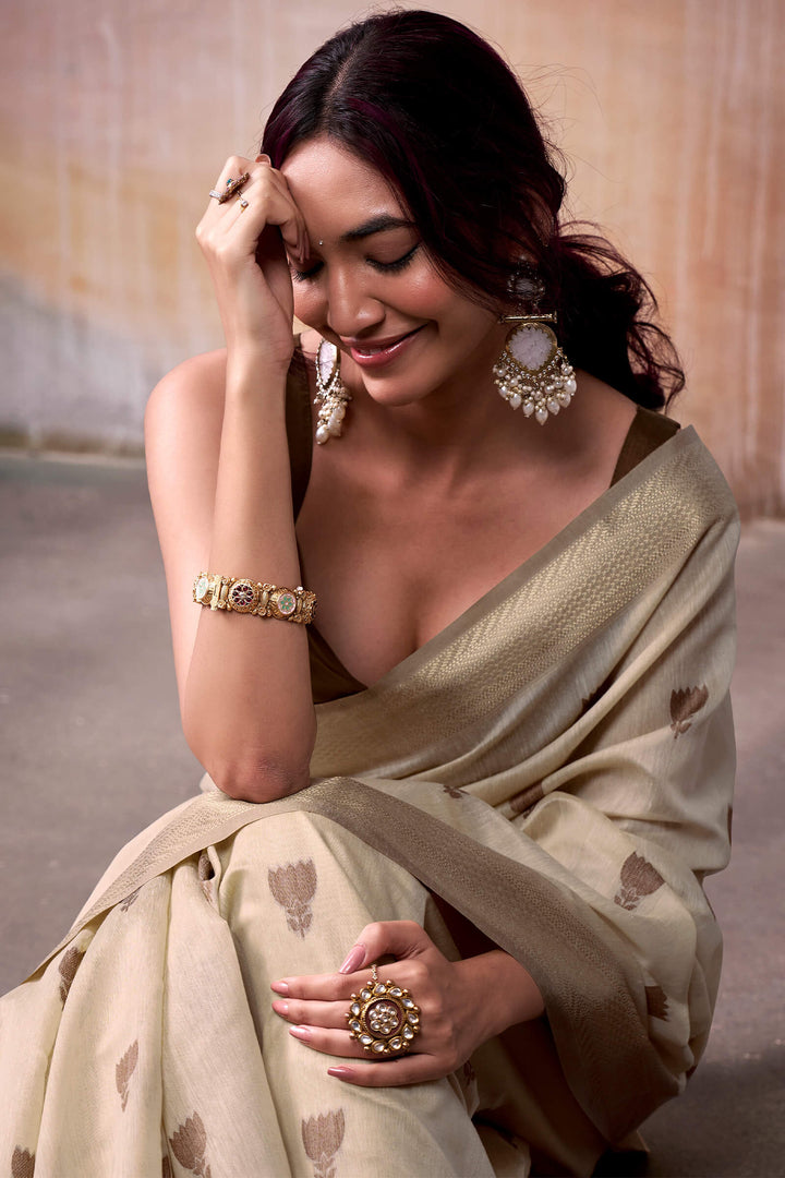 Bone Beige Zari Woven Cotton Silk Saree