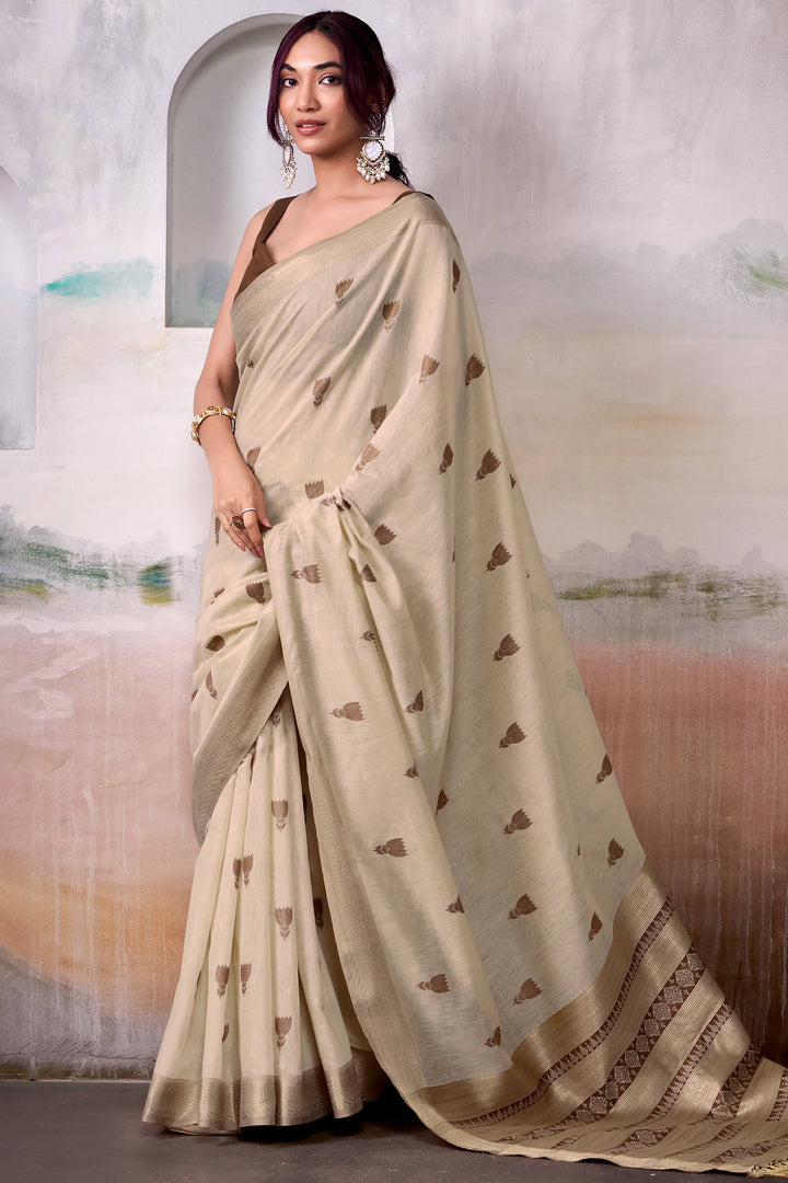 Bone Beige Zari Woven Cotton Silk Saree