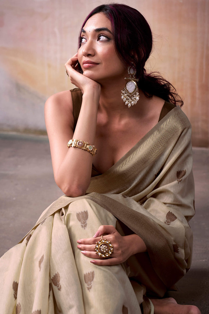 Bone Beige Zari Woven Cotton Silk Saree