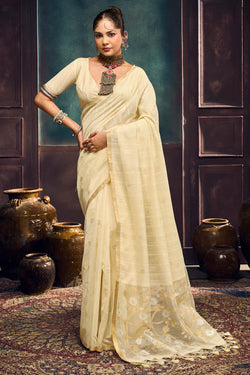 Bone Beige Zari Woven Munga Cotton Saree