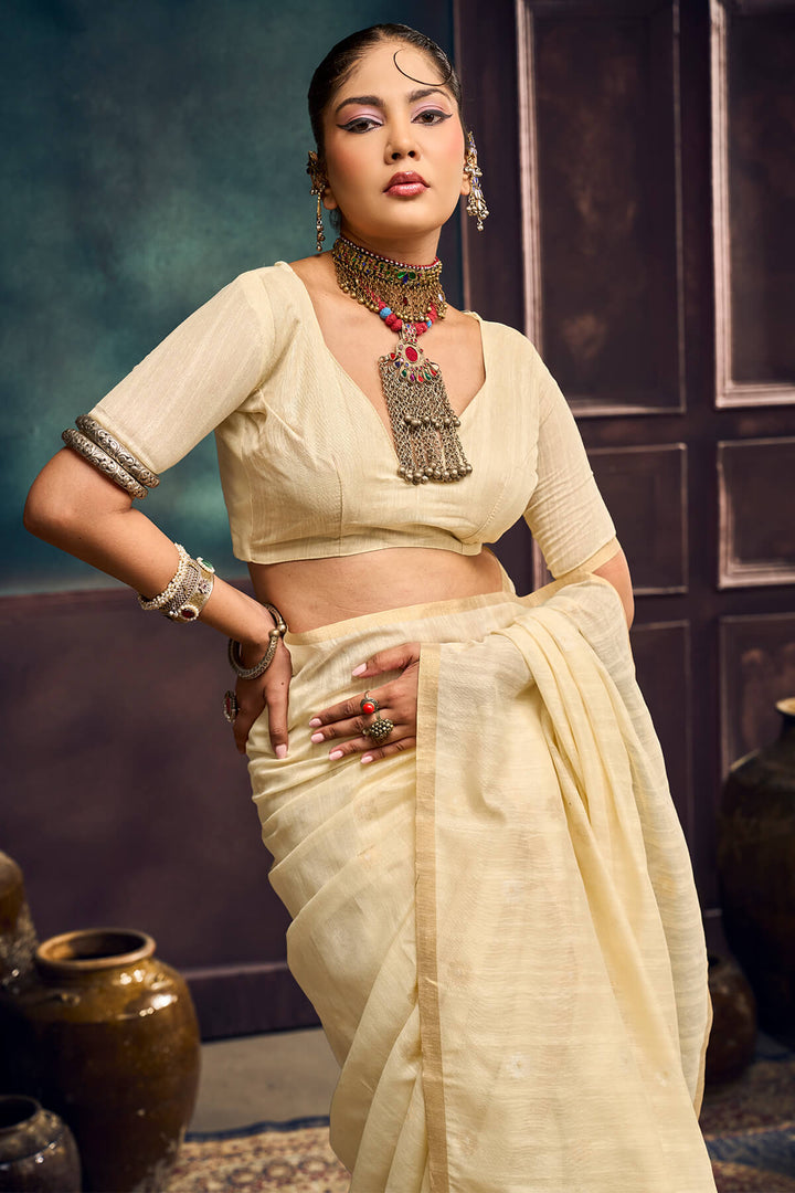 Bone Beige Zari Woven Munga Cotton Saree