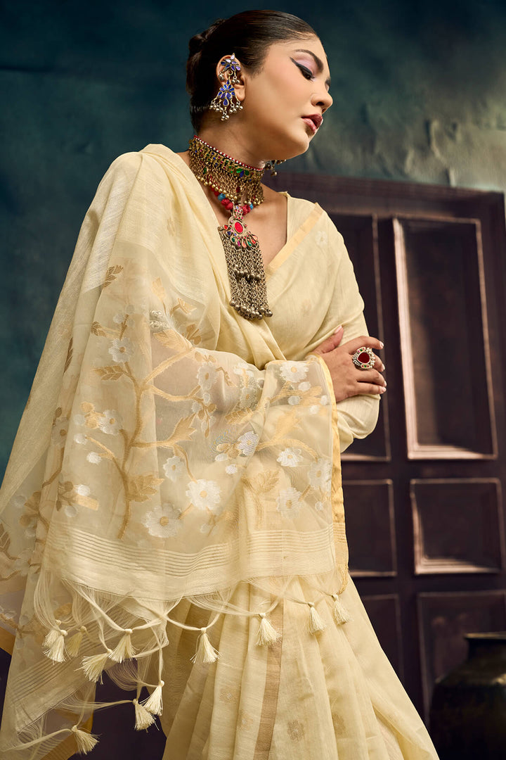 Bone Beige Zari Woven Munga Cotton Saree
