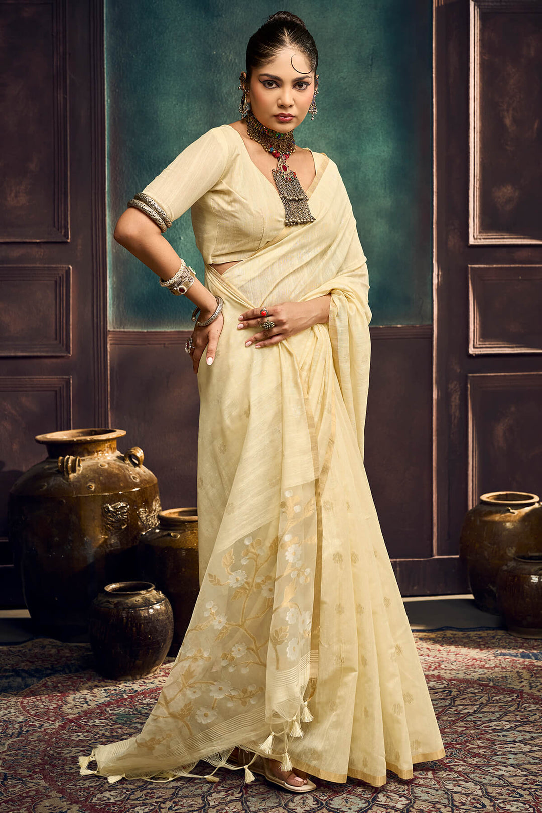 Bone Beige Zari Woven Munga Cotton Saree