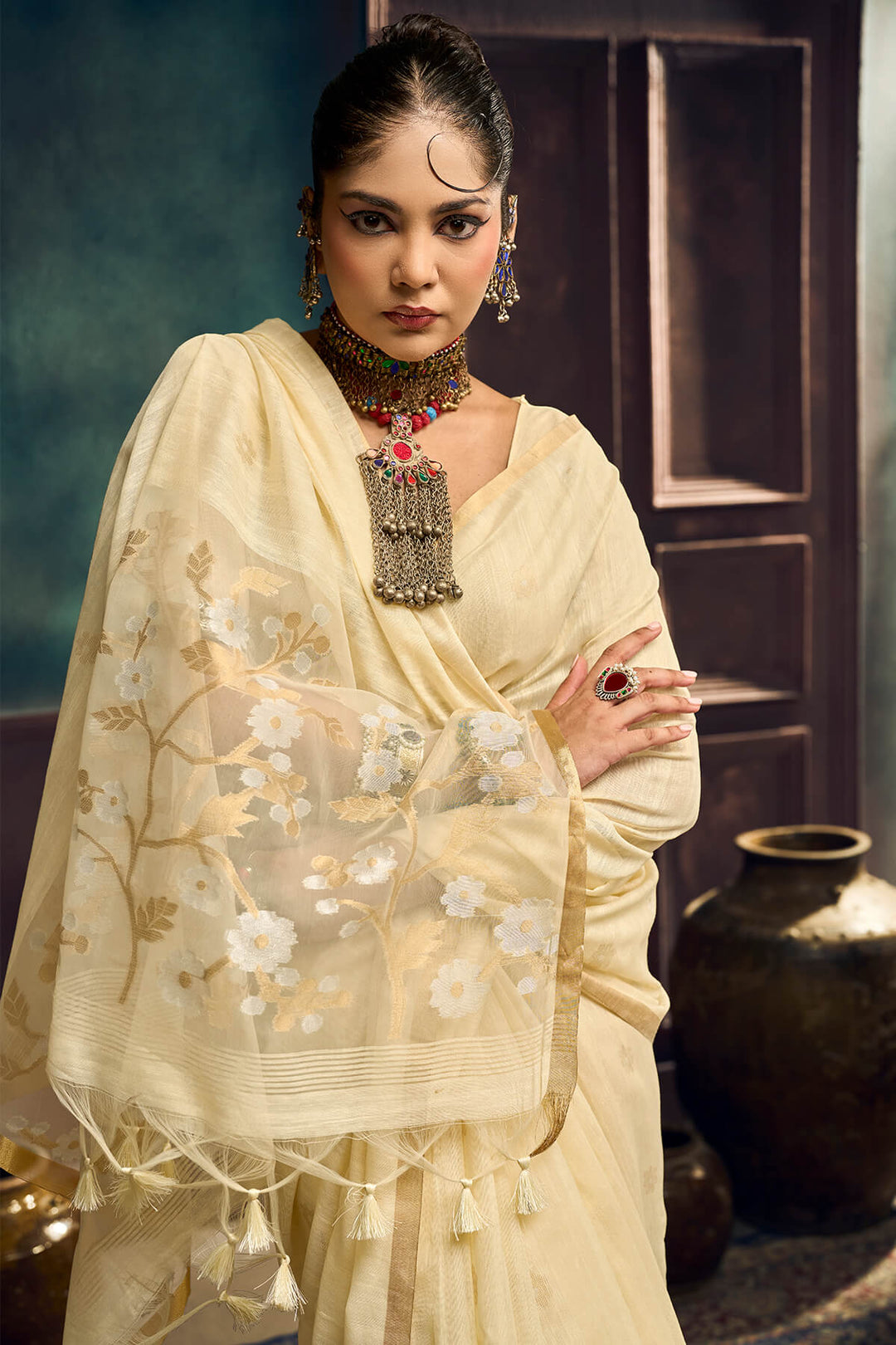 Bone Beige Zari Woven Munga Cotton Saree