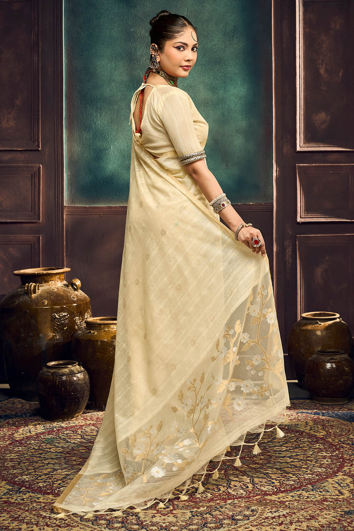 Bone Beige Zari Woven Munga Cotton Saree