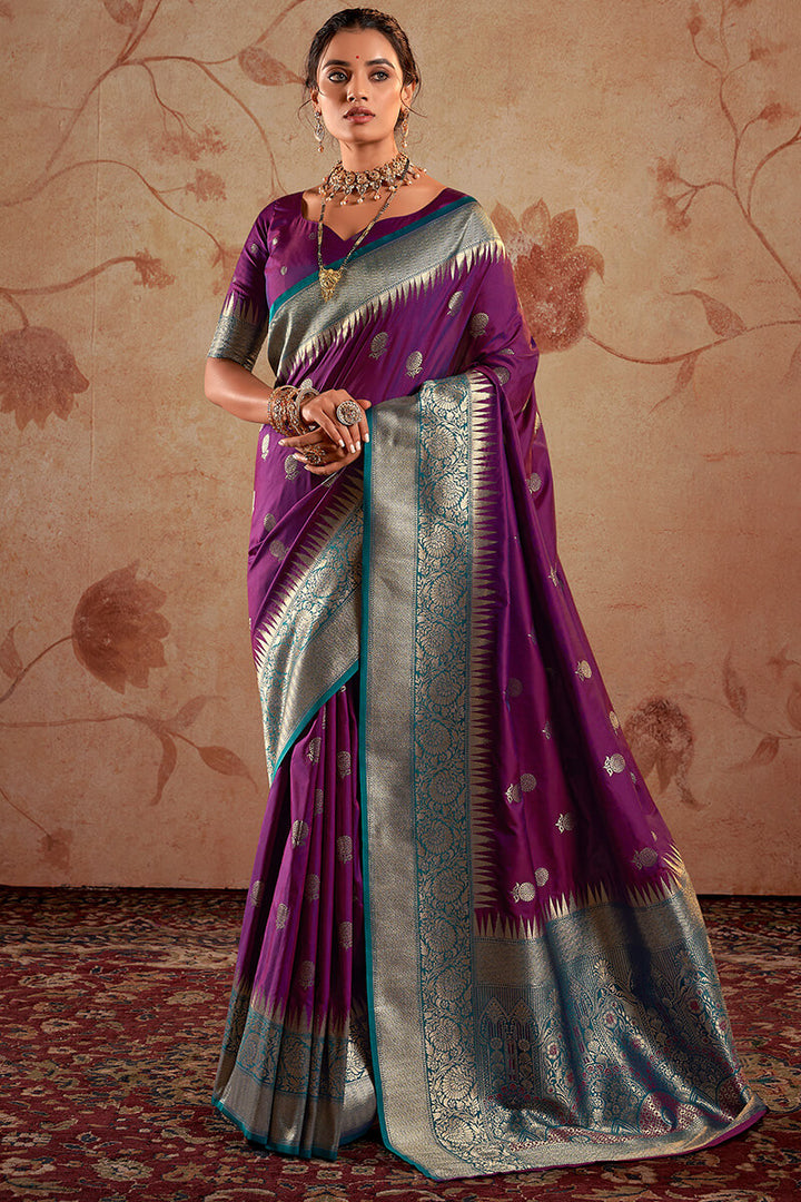 Bordeaux Purple Zari Woven Soft Banarasi Silk Saree